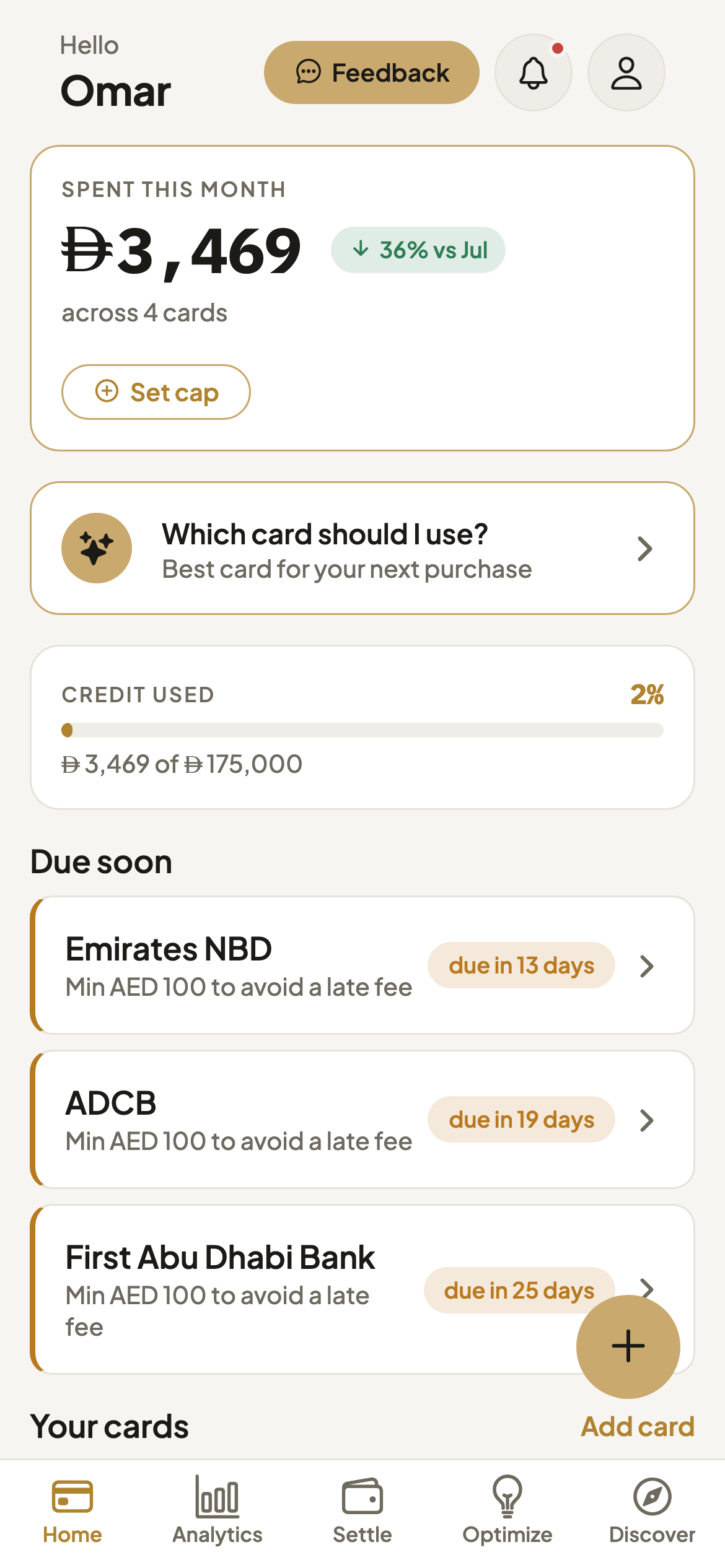 Zadi home screen showing combined spend and upcoming due dates