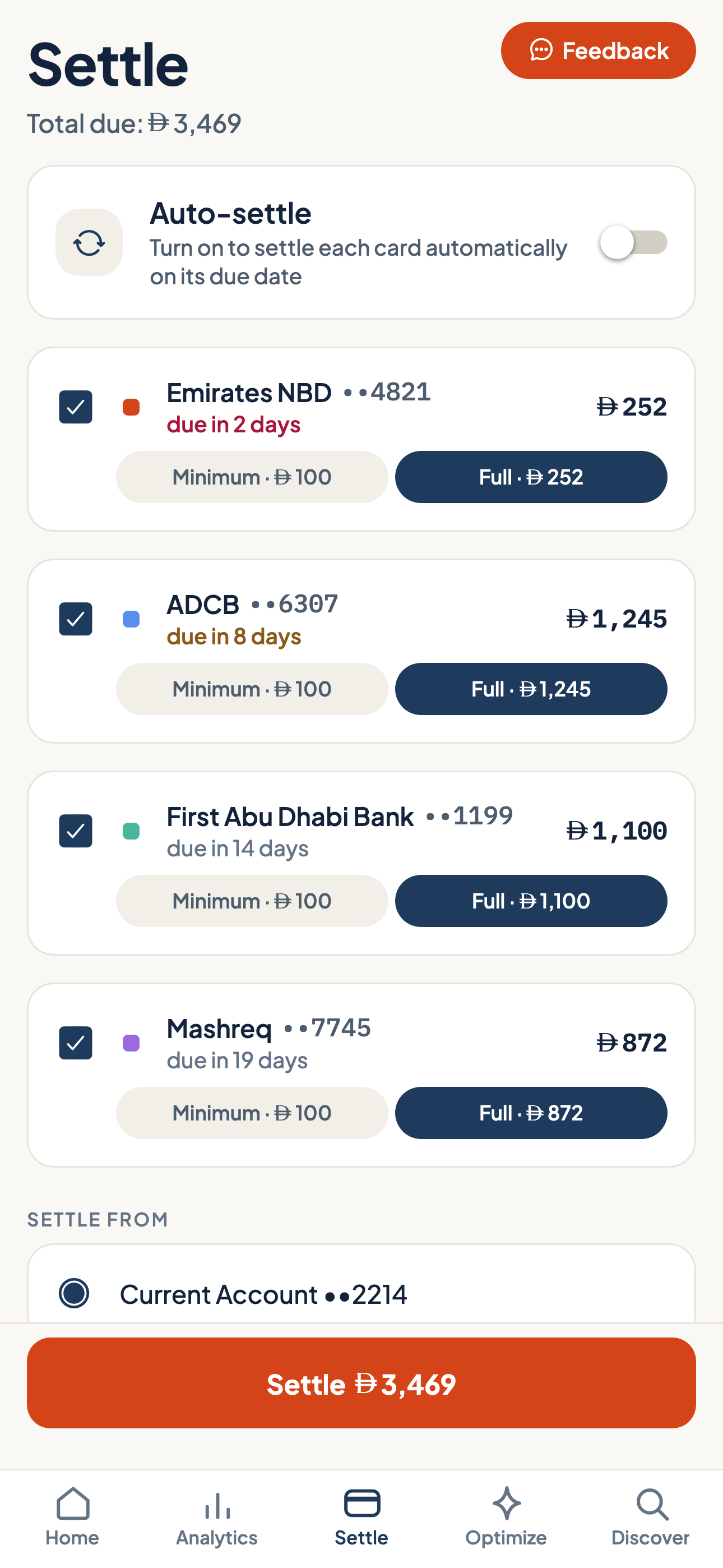 Zadi Settle screen listing every card's amount due