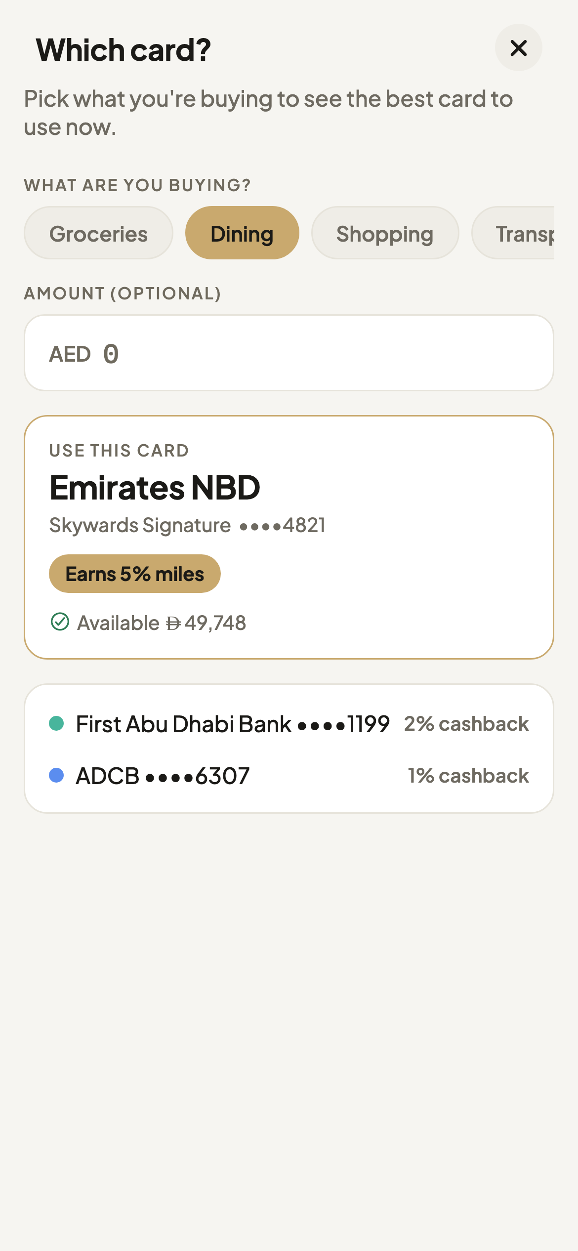 Zadi recommending which card to use for a purchase